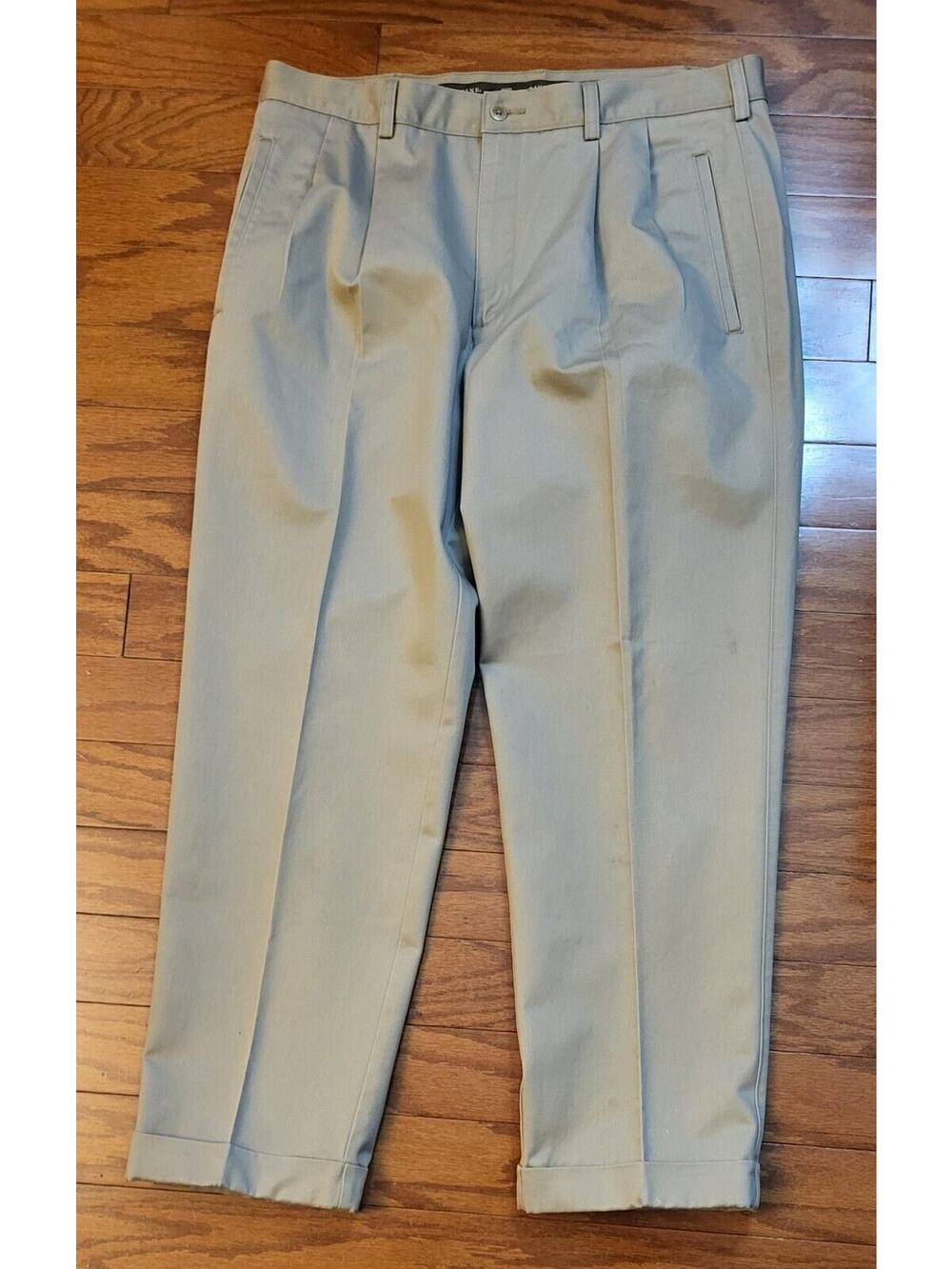 SAVANE Pleated KHAKI Pants Mens Relaxed Fit Cuffed 36 x 29